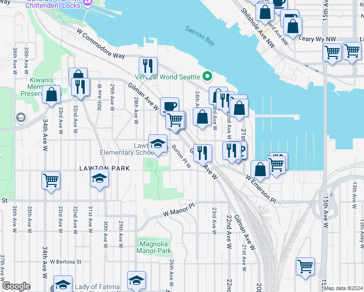 map of restaurants, bars, coffee shops, grocery stores, and more near 4217 Gilman Avenue West in Seattle