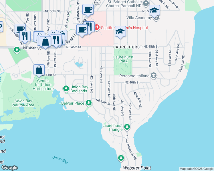 map of restaurants, bars, coffee shops, grocery stores, and more near 3863 44th Avenue Northeast in Seattle