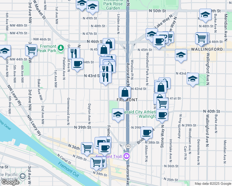 map of restaurants, bars, coffee shops, grocery stores, and more near 722 North 42nd Street in Seattle