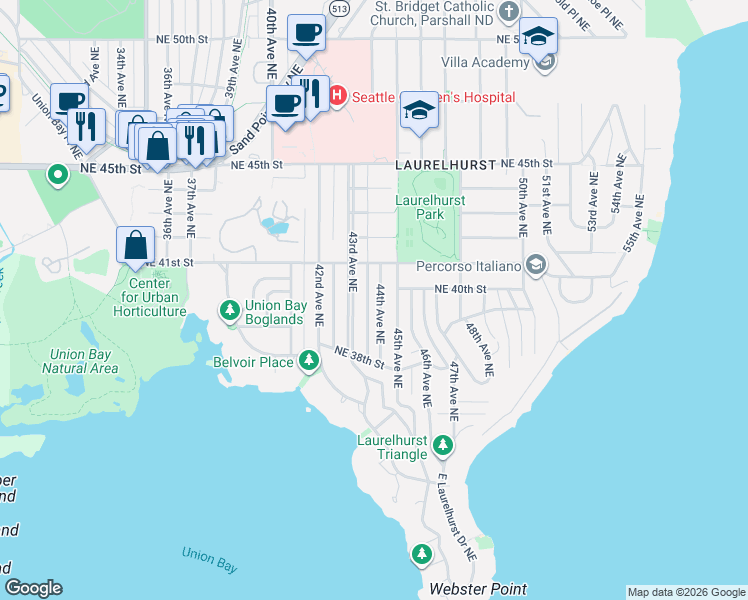 map of restaurants, bars, coffee shops, grocery stores, and more near 3863 44th Avenue Northeast in Seattle