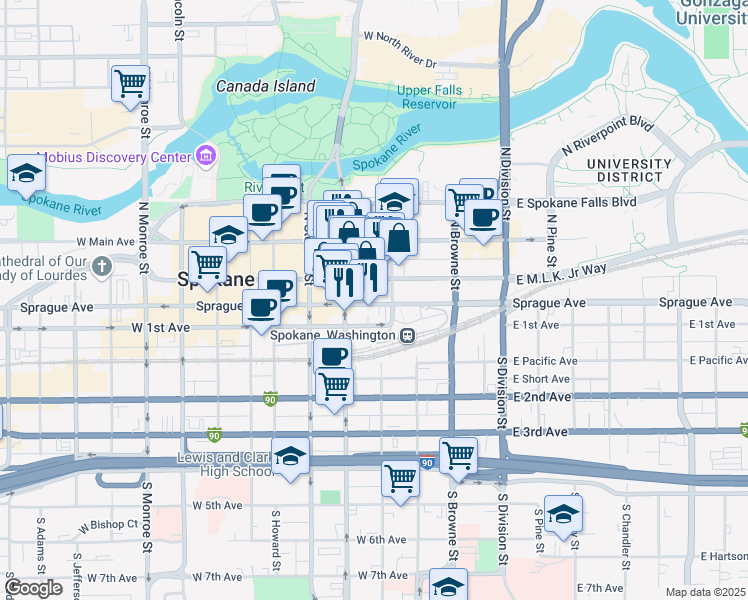 map of restaurants, bars, coffee shops, grocery stores, and more near 315 West Riverside Avenue in Spokane