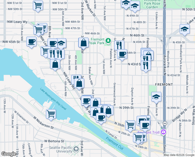 map of restaurants, bars, coffee shops, grocery stores, and more near 4136 2nd Avenue Northwest in Seattle