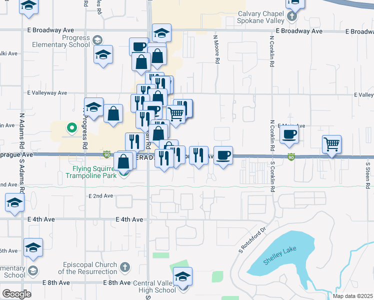 map of restaurants, bars, coffee shops, grocery stores, and more near 15703 East Sprague Avenue in Spokane Valley