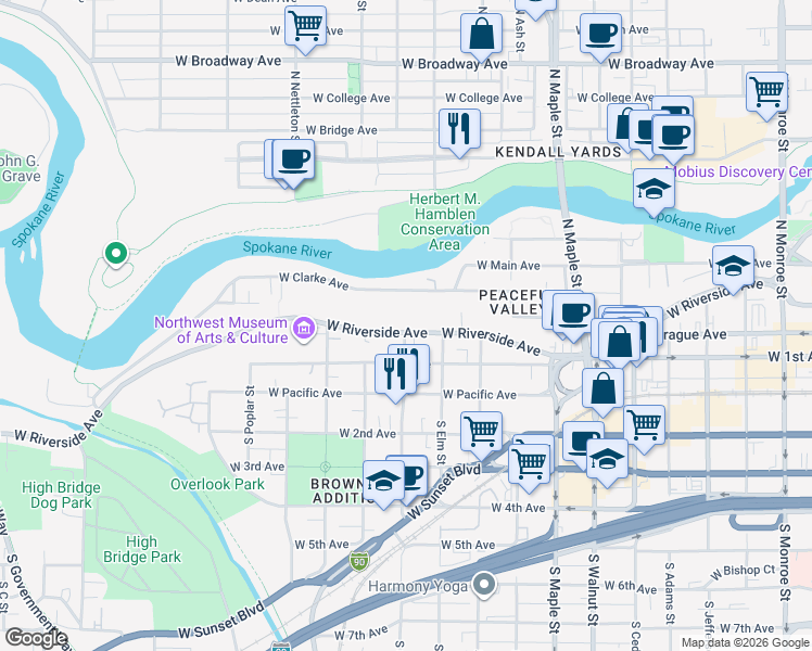 map of restaurants, bars, coffee shops, grocery stores, and more near 1933 West Clarke Avenue in Spokane