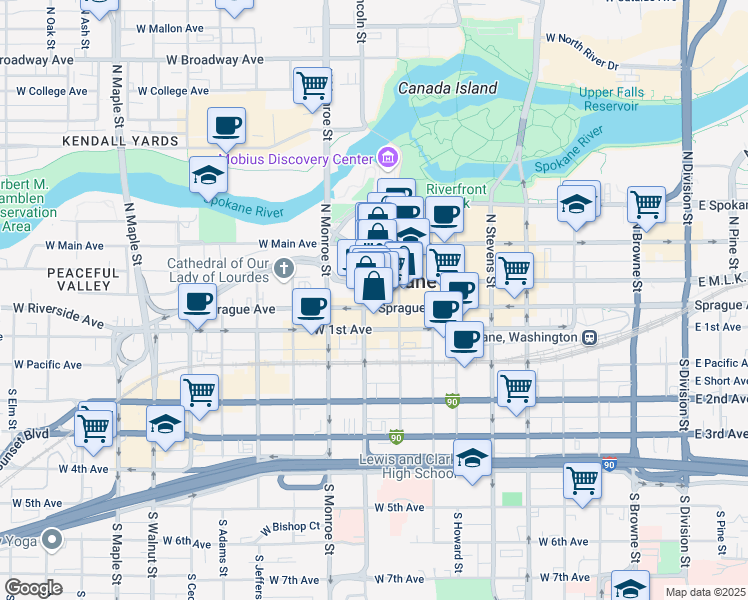 map of restaurants, bars, coffee shops, grocery stores, and more near 818 West Riverside Avenue in Spokane