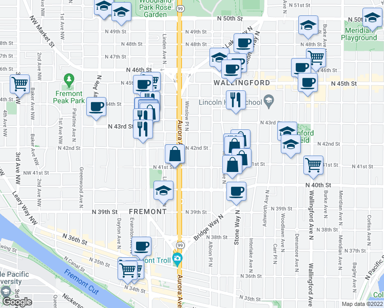 map of restaurants, bars, coffee shops, grocery stores, and more near 4207 Whitman Avenue North in Seattle