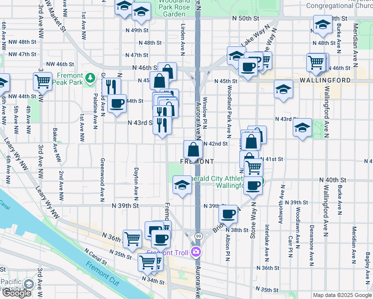 map of restaurants, bars, coffee shops, grocery stores, and more near 722 North 42nd Street in Seattle