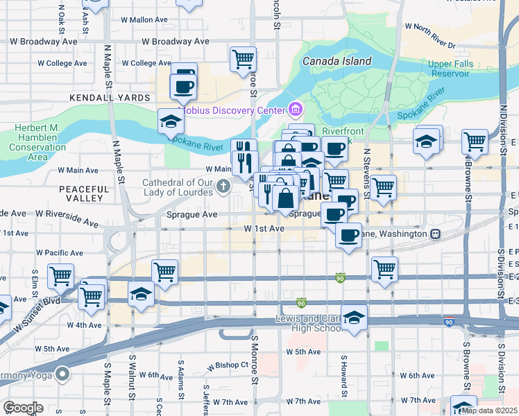 map of restaurants, bars, coffee shops, grocery stores, and more near 926 West Sprague Avenue in Spokane