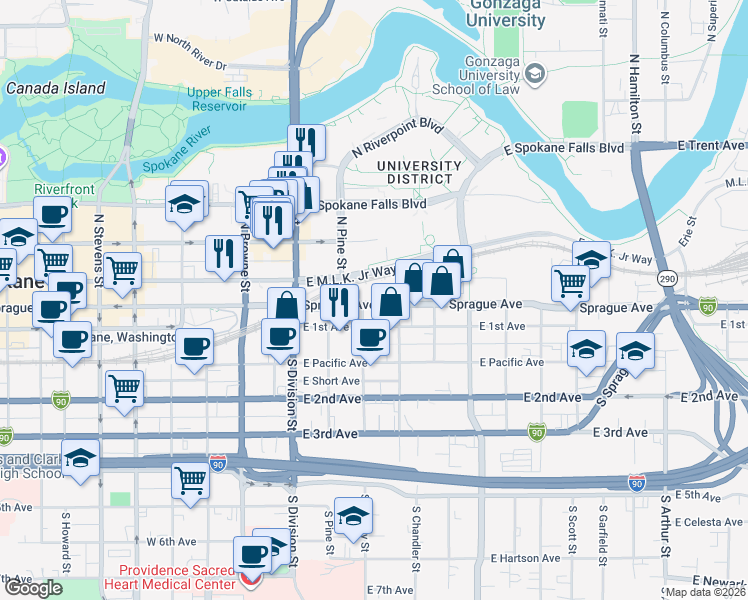 map of restaurants, bars, coffee shops, grocery stores, and more near 203 East Sprague Avenue in Spokane
