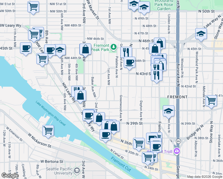 map of restaurants, bars, coffee shops, grocery stores, and more near 4137 Palatine Avenue North in Seattle