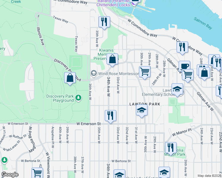 map of restaurants, bars, coffee shops, grocery stores, and more near 3319 West Elmore Street in Seattle
