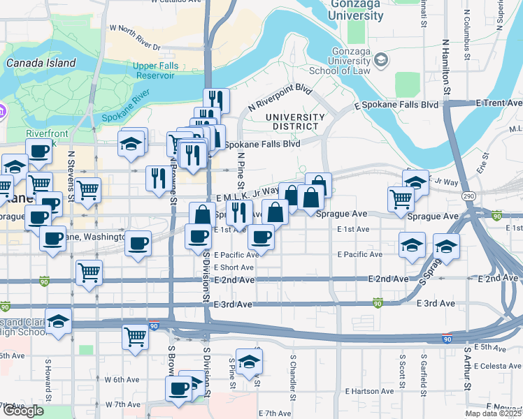 map of restaurants, bars, coffee shops, grocery stores, and more near 203 East Sprague Avenue in Spokane