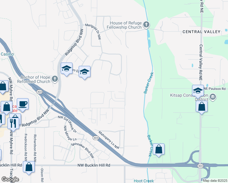 map of restaurants, bars, coffee shops, grocery stores, and more near 10943 Hillsboro Drive Northwest in Silverdale