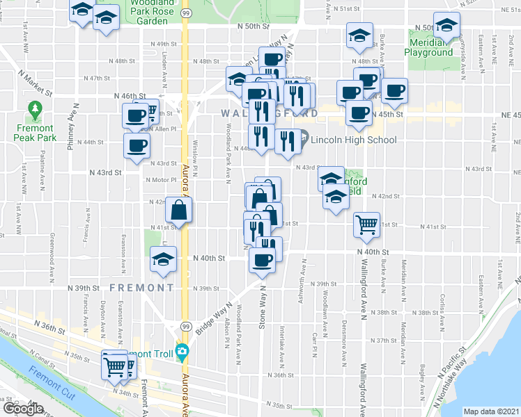 map of restaurants, bars, coffee shops, grocery stores, and more near 4140 Midvale Avenue North in Seattle