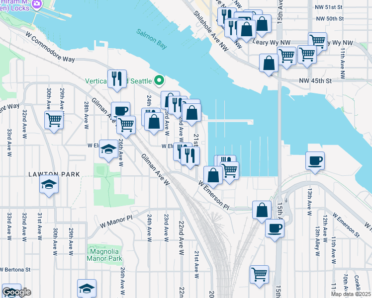 map of restaurants, bars, coffee shops, grocery stores, and more near 4211 22nd Avenue West in Seattle