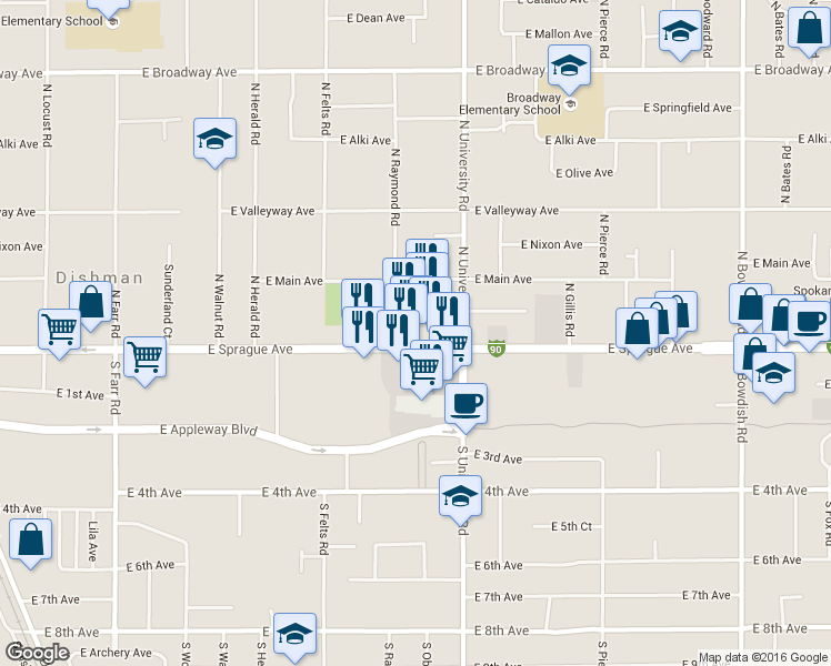 map of restaurants, bars, coffee shops, grocery stores, and more near 10521 East Sprague Avenue in Spokane