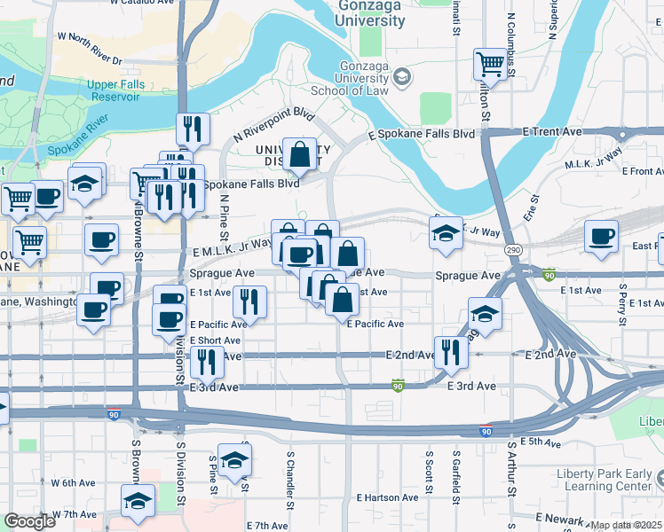 map of restaurants, bars, coffee shops, grocery stores, and more near 502 East Riverside Avenue in Spokane