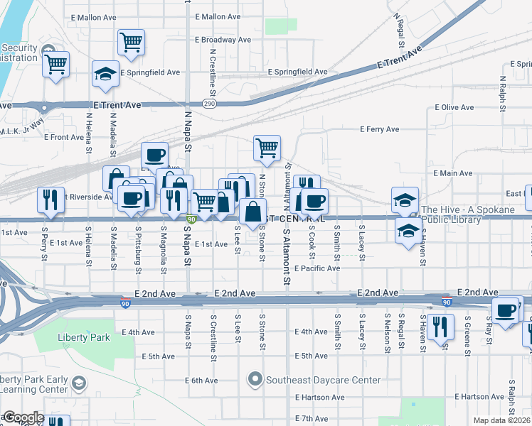 map of restaurants, bars, coffee shops, grocery stores, and more near 24 North Stone Street in Spokane