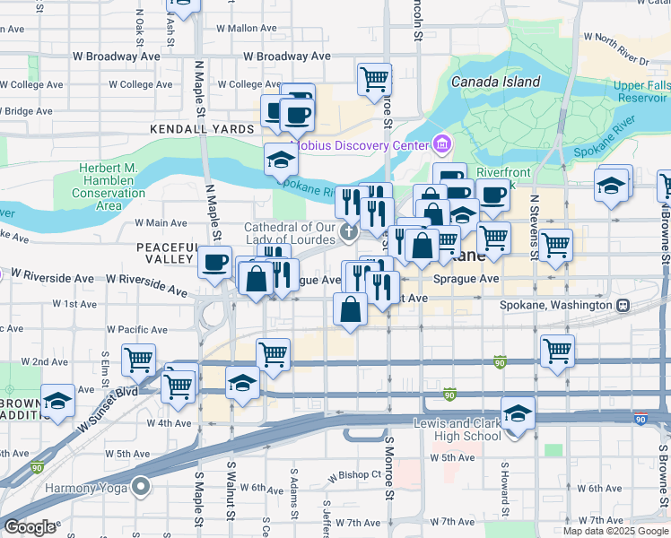 map of restaurants, bars, coffee shops, grocery stores, and more near 1129 West Riverside Avenue in Spokane