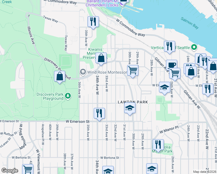 map of restaurants, bars, coffee shops, grocery stores, and more near 3308 West Elmore Street in Seattle
