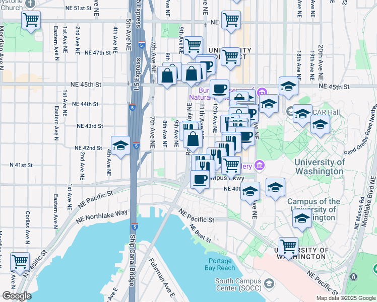 map of restaurants, bars, coffee shops, grocery stores, and more near Roosevelt Way NE & NE 42nd St in Seattle