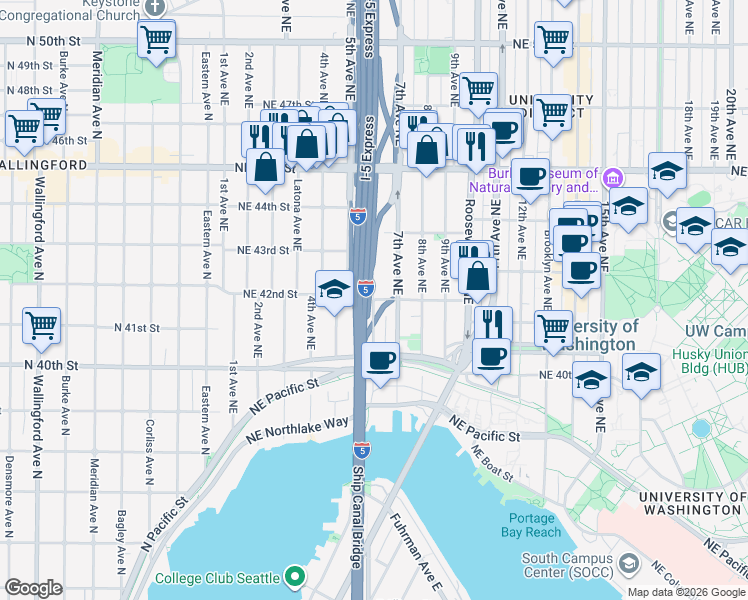 map of restaurants, bars, coffee shops, grocery stores, and more near NE 42nd St & Pasadena Pl NE in Seattle