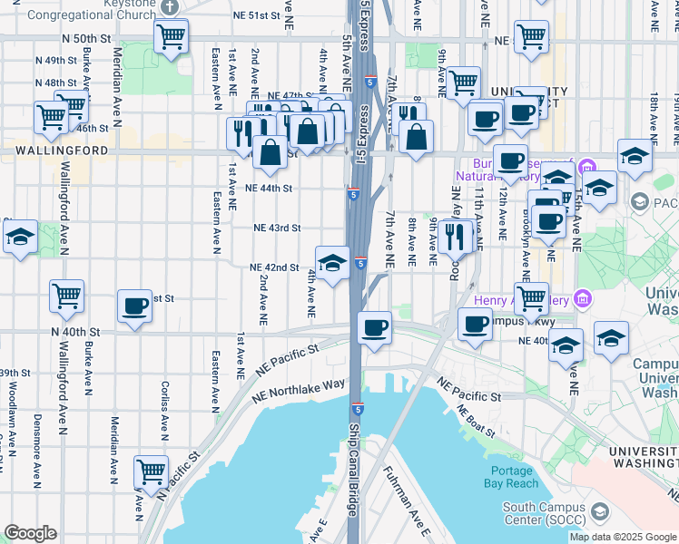 map of restaurants, bars, coffee shops, grocery stores, and more near 4070 5th Avenue Northeast in Seattle