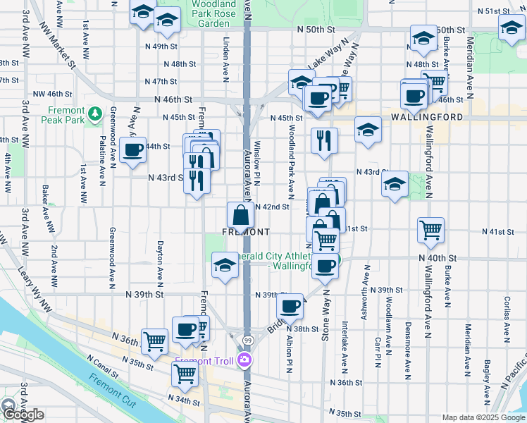 map of restaurants, bars, coffee shops, grocery stores, and more near 951 North 42nd Street in Seattle