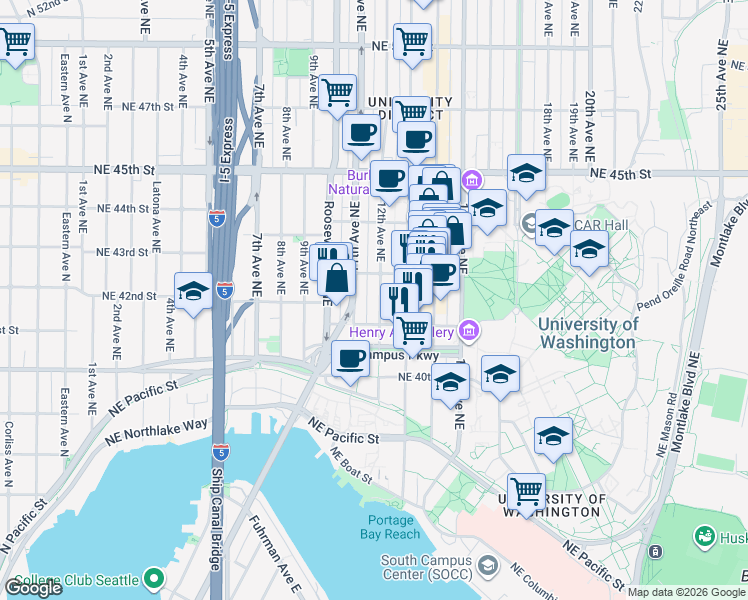 map of restaurants, bars, coffee shops, grocery stores, and more near 4123 12th Avenue Northeast in Seattle
