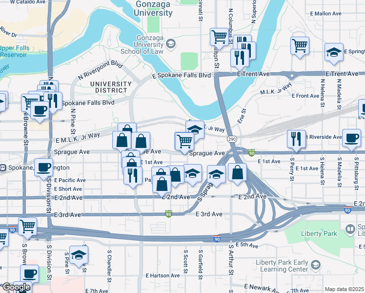 map of restaurants, bars, coffee shops, grocery stores, and more near 715 East Sprague Avenue in Spokane