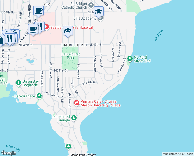 map of restaurants, bars, coffee shops, grocery stores, and more near 5003 Northeast 41st Street in Seattle