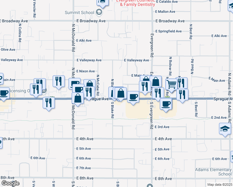 map of restaurants, bars, coffee shops, grocery stores, and more near 110 North Blake Road in Spokane Valley