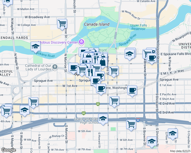 map of restaurants, bars, coffee shops, grocery stores, and more near in Spokane