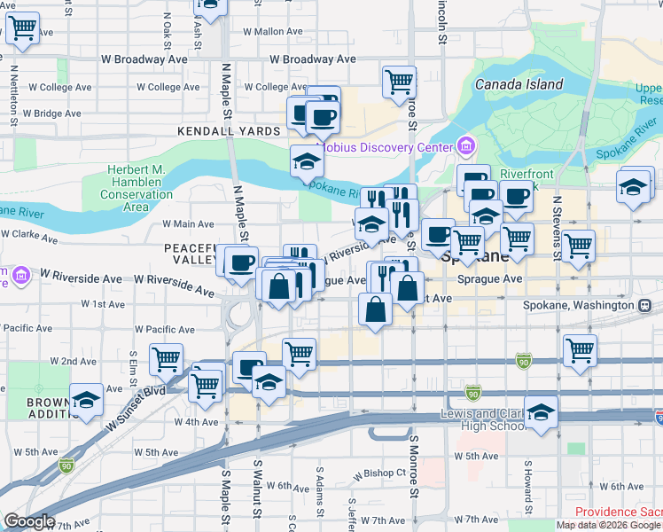 map of restaurants, bars, coffee shops, grocery stores, and more near 1221 West Riverside Avenue in Spokane