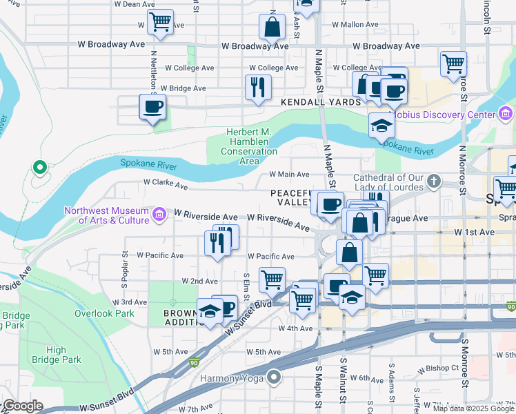map of restaurants, bars, coffee shops, grocery stores, and more near 1901 West Clarke Avenue in Spokane