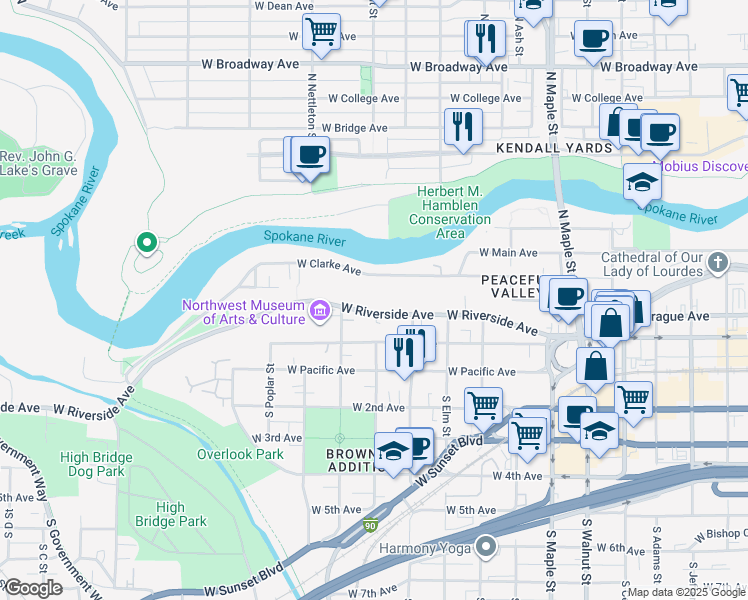map of restaurants, bars, coffee shops, grocery stores, and more near 2017 West Clarke Avenue in Spokane