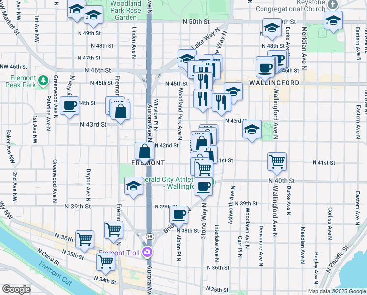 map of restaurants, bars, coffee shops, grocery stores, and more near 4142 Woodland Park Avenue North in Seattle