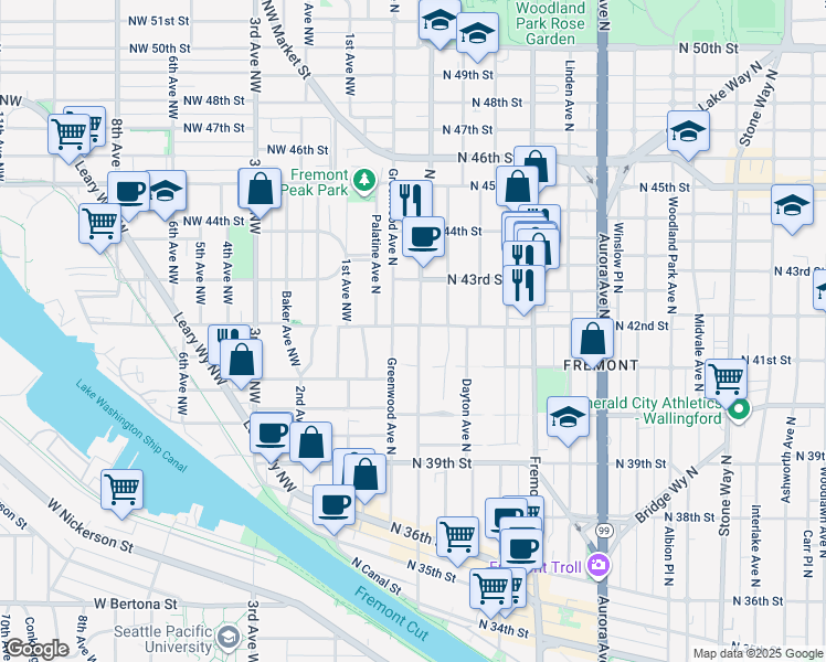 map of restaurants, bars, coffee shops, grocery stores, and more near 4206 Greenwood Avenue North in Seattle