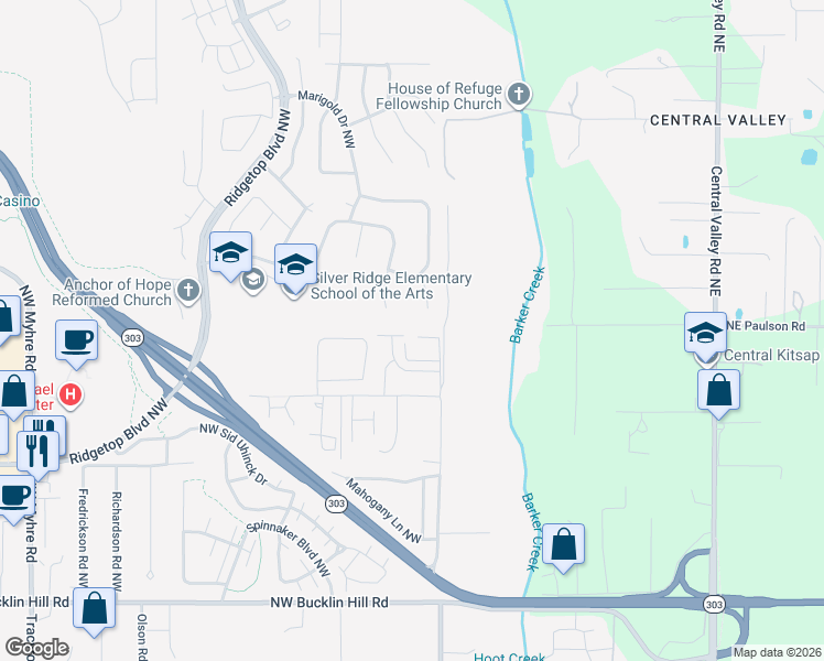 map of restaurants, bars, coffee shops, grocery stores, and more near 10943 Hillsboro Drive Northwest in Silverdale