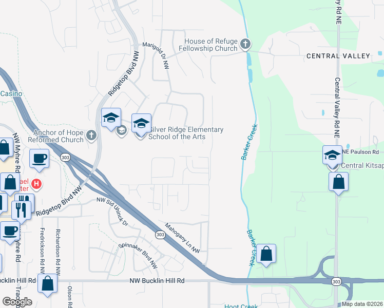 map of restaurants, bars, coffee shops, grocery stores, and more near 10943 Hillsboro Drive Northwest in Silverdale
