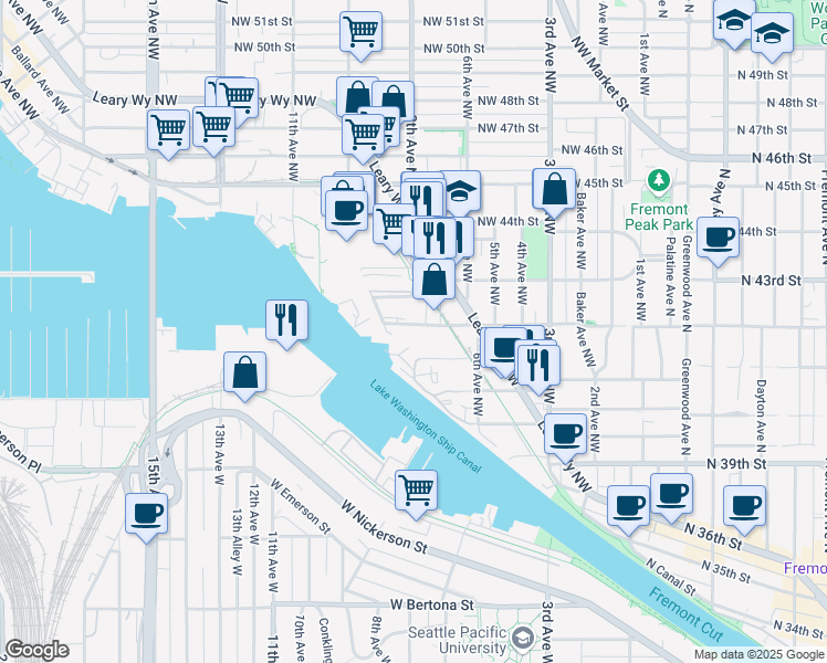 map of restaurants, bars, coffee shops, grocery stores, and more near 700 Northwest 42nd Street in Seattle