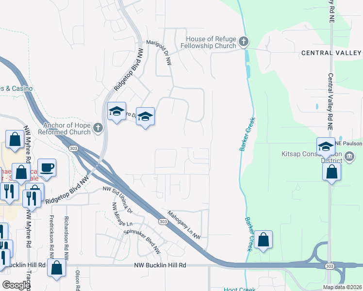 map of restaurants, bars, coffee shops, grocery stores, and more near 10936 Hillsboro Drive Northwest in Silverdale