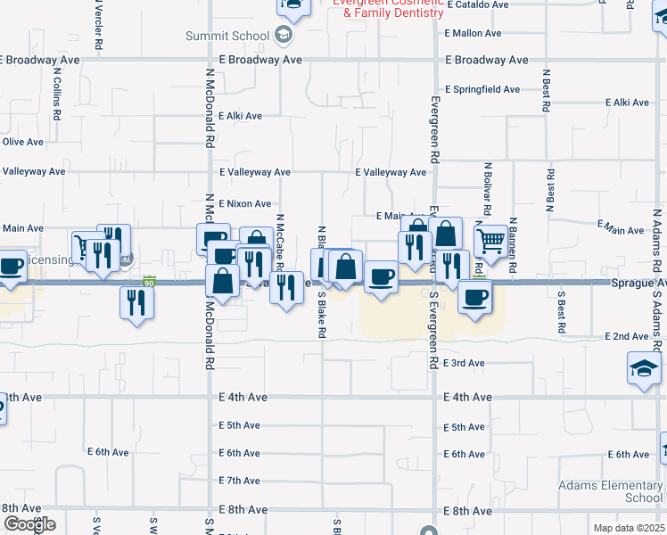 map of restaurants, bars, coffee shops, grocery stores, and more near 13501 East Sprague Avenue in Spokane Valley
