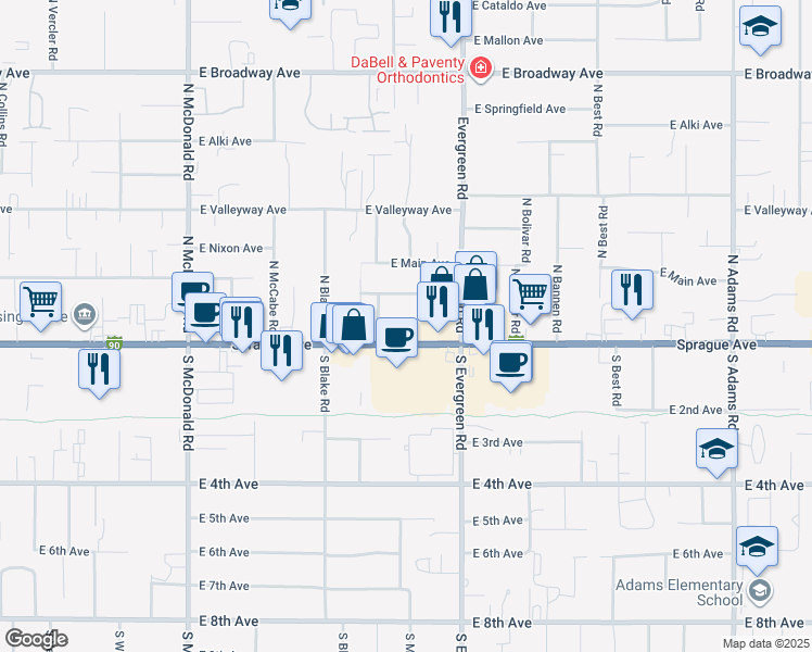 map of restaurants, bars, coffee shops, grocery stores, and more near 13719 East Sprague Avenue in Spokane Valley