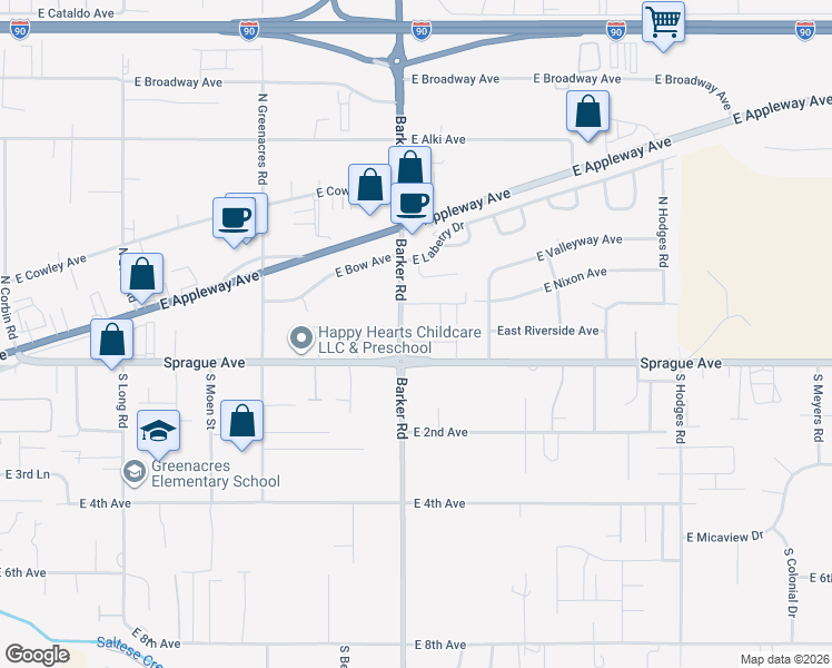 map of restaurants, bars, coffee shops, grocery stores, and more near 110 North Barker Road in Spokane Valley