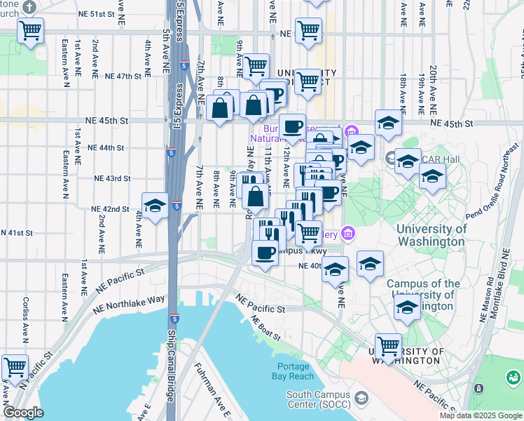 map of restaurants, bars, coffee shops, grocery stores, and more near 4132 Roosevelt Way Northeast in Seattle