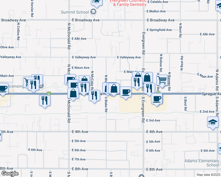 map of restaurants, bars, coffee shops, grocery stores, and more near 13501 East Sprague Avenue in Spokane Valley