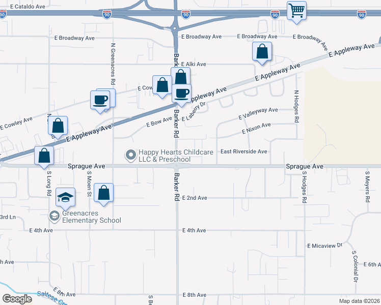 map of restaurants, bars, coffee shops, grocery stores, and more near 110 North Barker Road in Spokane Valley