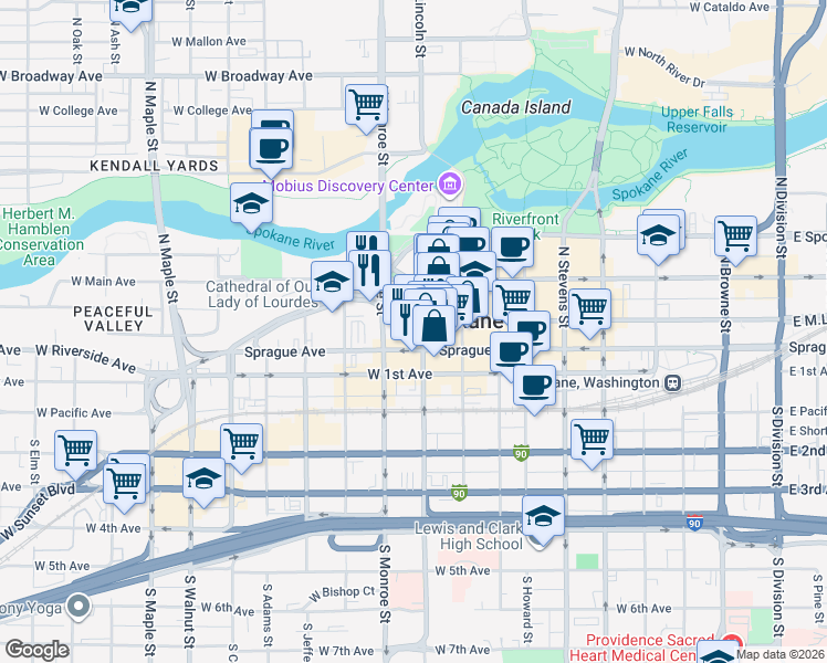 map of restaurants, bars, coffee shops, grocery stores, and more near 901 West Riverside Avenue in Spokane