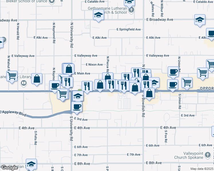 map of restaurants, bars, coffee shops, grocery stores, and more near 112 North Gillis Road in Spokane Valley